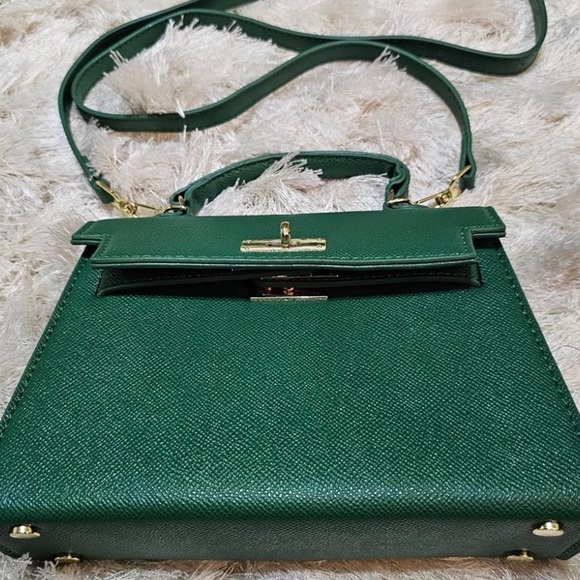 Top handle hunter green mini crossbody bag with gold hardware and extra strap - Picture 3 of 4
